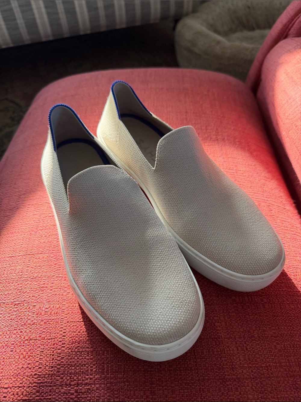 Rothy's Cream Slip-On Loafers with Blue Trim